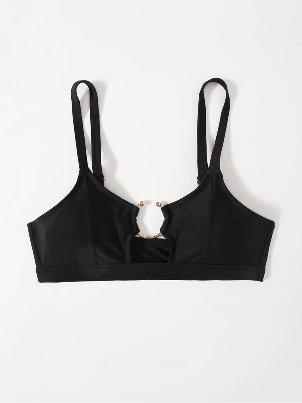 Black Scoop-Front Bikini Top with Ring Accent